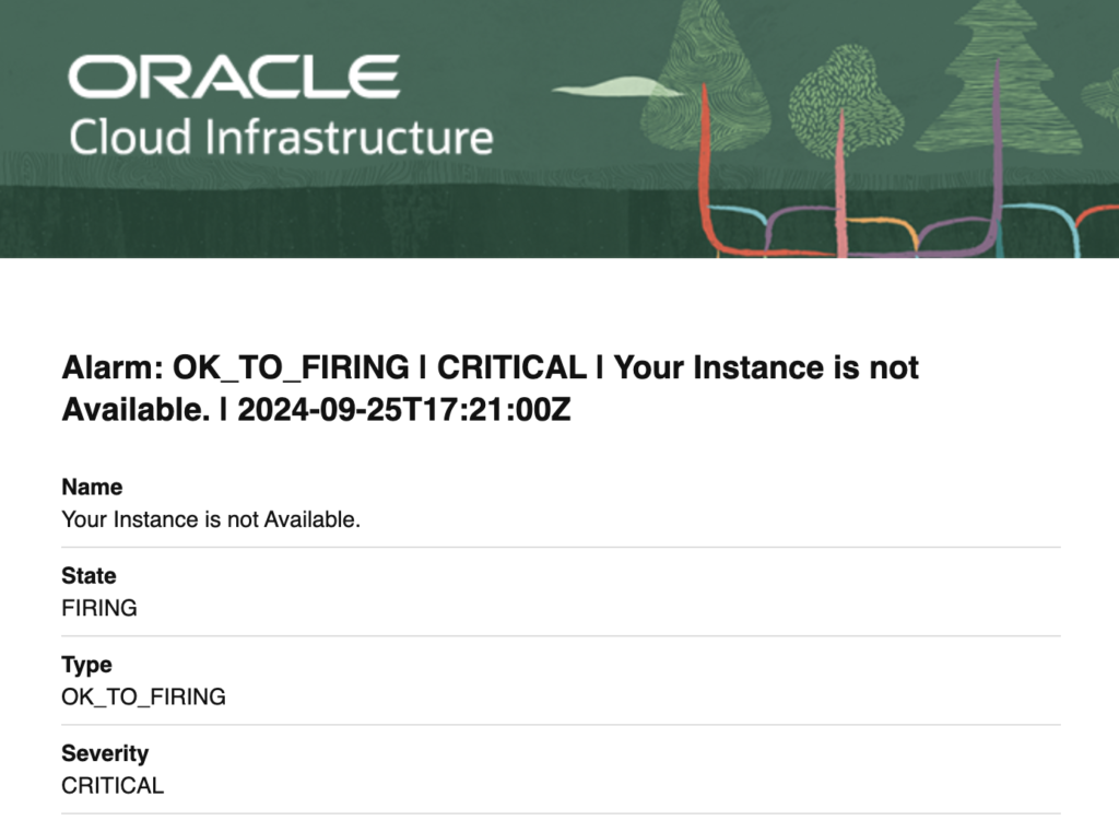 Example alarm notification email from OCI
